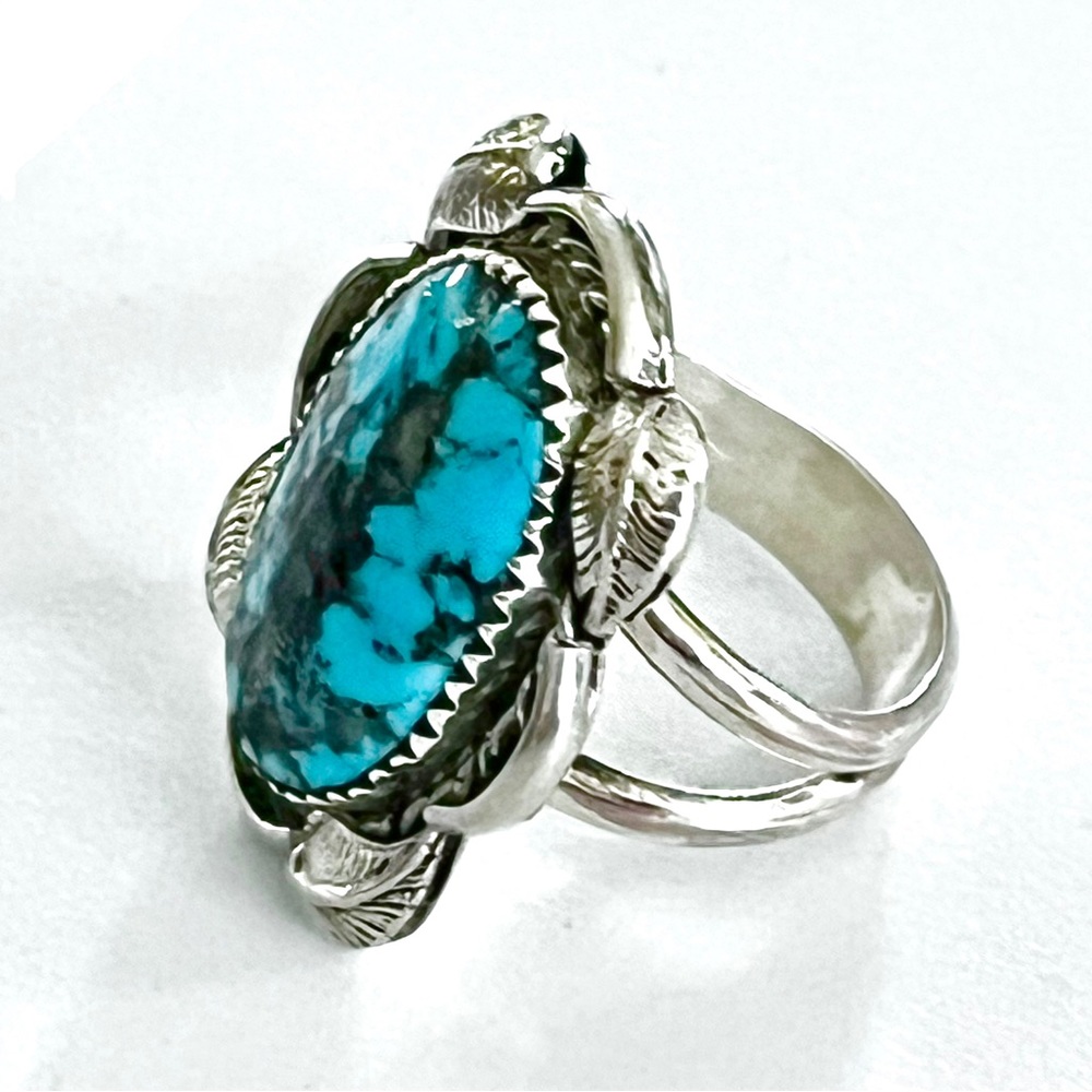 Signed - Hoskie Yazzie, Navajo. Vintage Sterling Silver Turquoise Ring - Picture 2 of 7